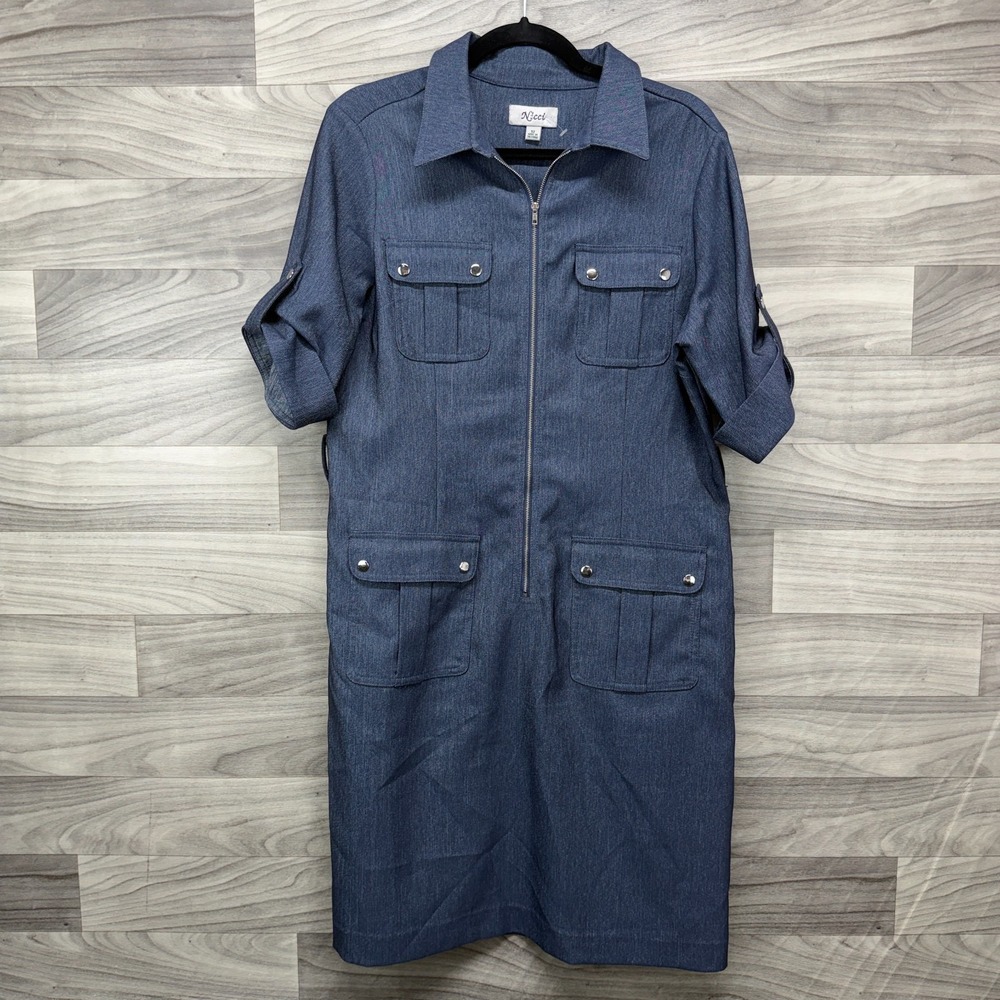 Nicci Shirt Dress Women's 12 Blue‎ Roll Tab Sleeve Utility Pockets Zipper Front